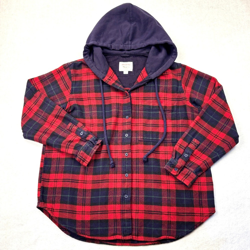 American Eagle Red Navy Plaid Hooded Flannel Shirt Womens Small Button Up Hoodie